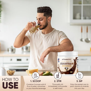 Vitamatic Bovine Colostrum Powder - Supplement for Gut Health, Hair Growth, Beauty, Muscle Recovery, & Immune Support - Easy to Mix - 30 Servings (30 Servings, Chocolate)