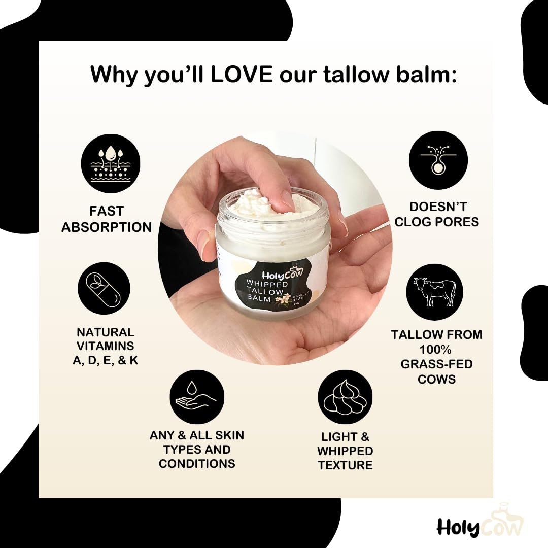 HolyCow Beef Tallow For Skin - Whipped Tallow Balm with Organic Jojoba Oil, Grass Fed Beef Tallow Face Moisturizer for Eczema, Baby, Lip Balm - Lotion For Extremely Dry Skin (Vanilla Bean)