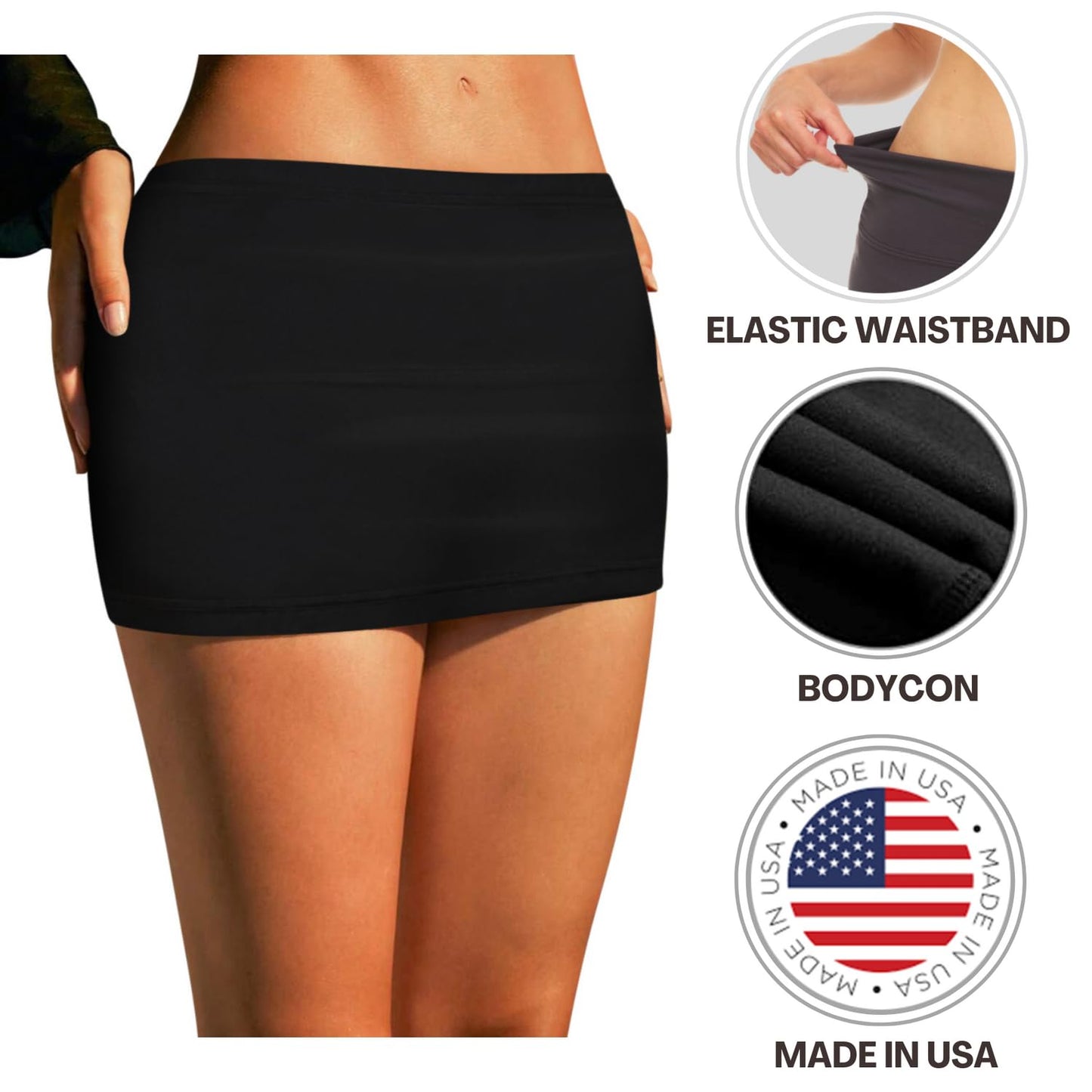 Sweet Hearts Black Mini Skirt for Women- Above Knee Elastic Waist Basic Mini Pencil Womens Skirts Bodycon Made in USA