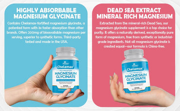 Chelamax Magnesium Glycinate.Dead Sea Sourced, 100% Chelated Magnesium for Sleep Support, Muscle Cramps, Bone Health. Made in USA, 3rd Party Tested,Heavy Metal Free,Glicinato de Magnesio Capsules.