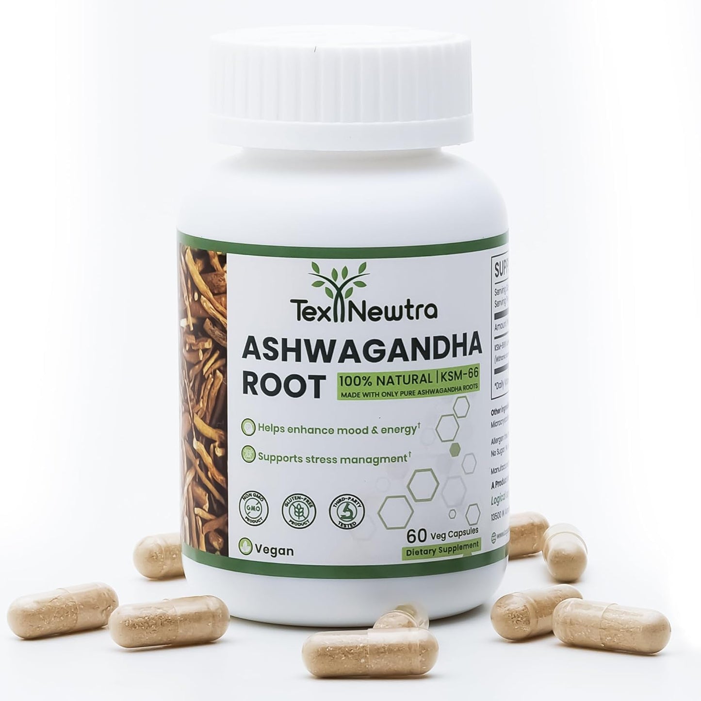 TEX NEWTRA KSM-66 Ashwagandha Root Extract 600mg, 60 Capsules - 5% Withanolides - Full-Spectrum Root Extract
