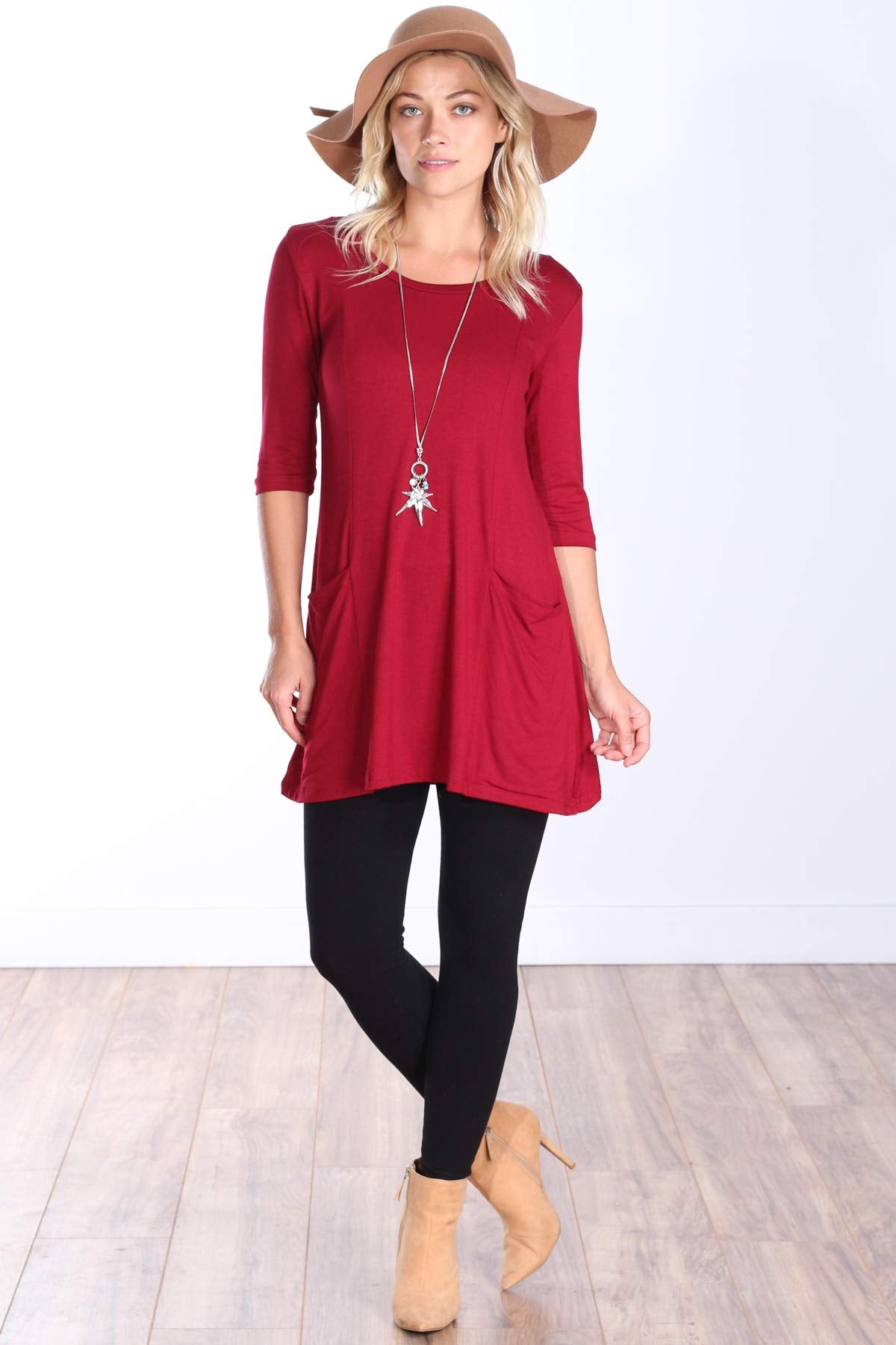 Popana Womens 3/4 Sleeve Tunic Top with Pockets for Leggings Made in USA Burgundy
