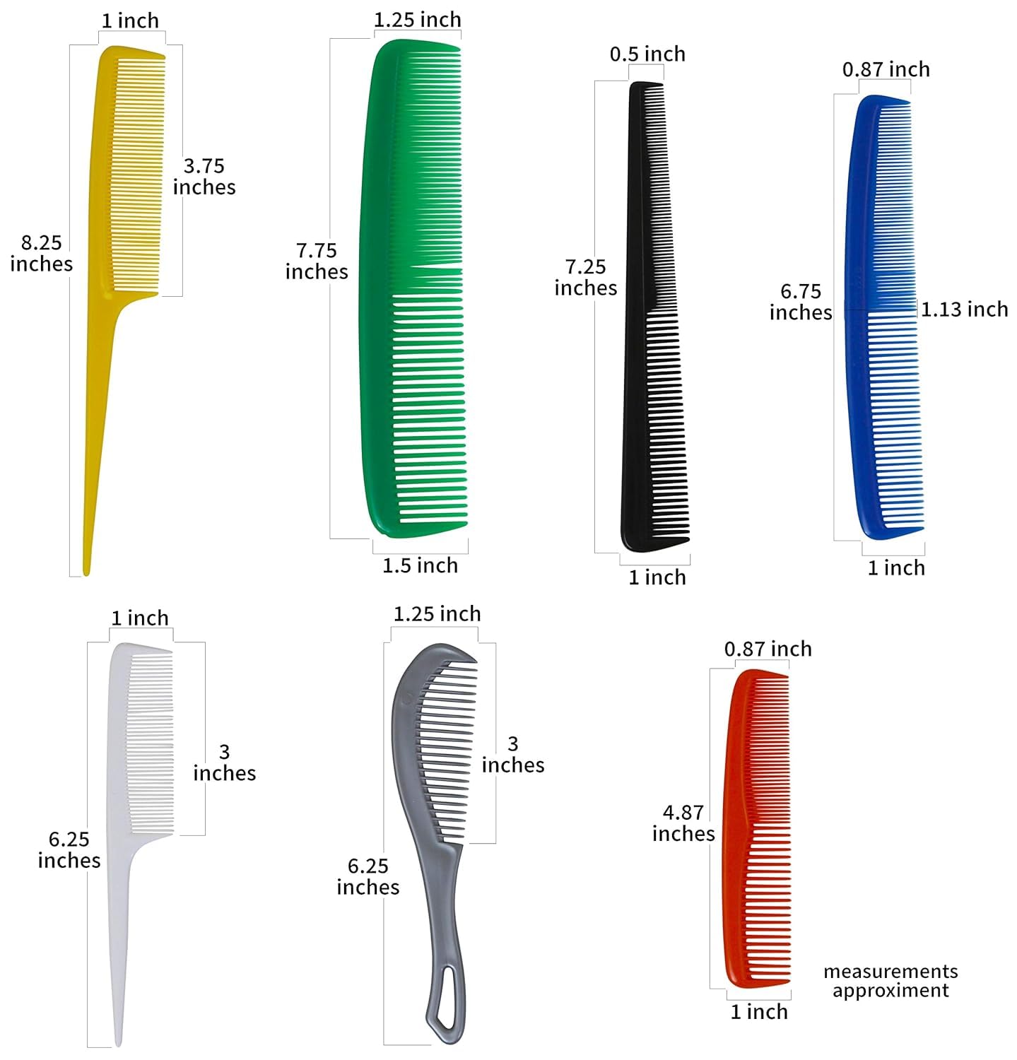 American Comb Hair Combs Set, 15 Pieces, Multiple Colors, Made in USA