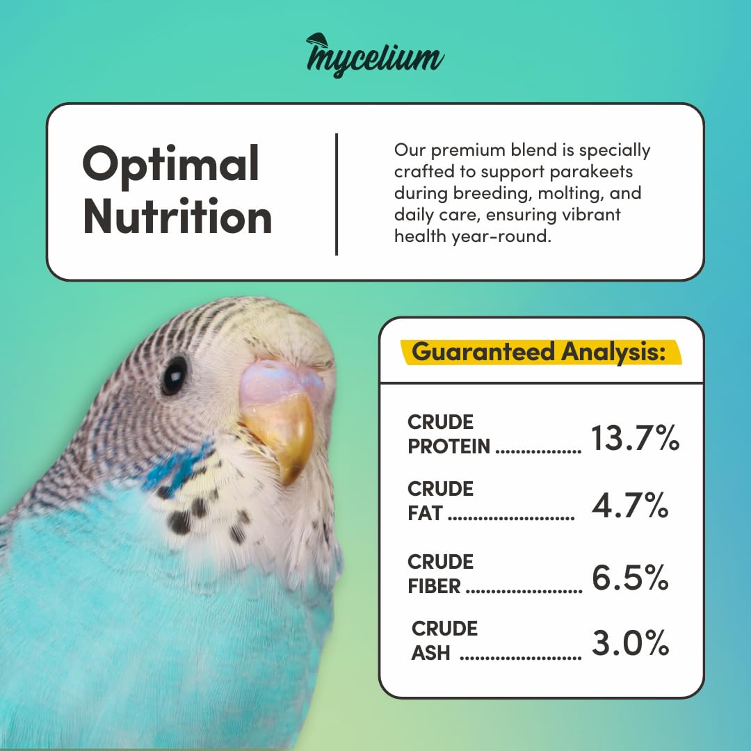Mycelium Parakeet Plus Bird Seed (5 LB Bag) | Organic Bird Food Fortified with Vitamins for Immune & Digestive Support | Daily Nutrition for Parakeets & Budgies | Non-GMO, Clean Seed Blend | USA Made