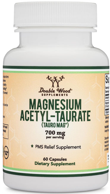 Magnesium Acetyl-Taurate (ATA MG, TauroMag) Novel and Patented Form of Magnesium for PMS and Cramp Relief (60 Capsules, 350mg) PMS Relief Magnesium Supplement by Double Wood Supplements