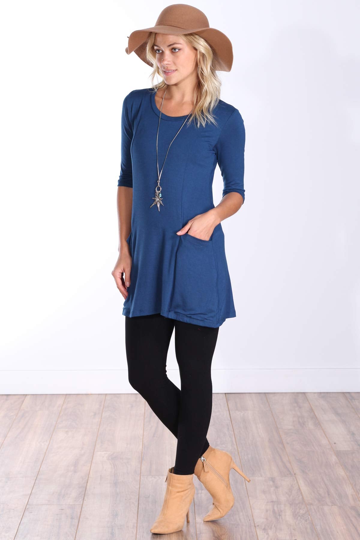 Popana Womens 3/4 Sleeve Tunic Top with Pockets for Leggings Made in USA Teal
