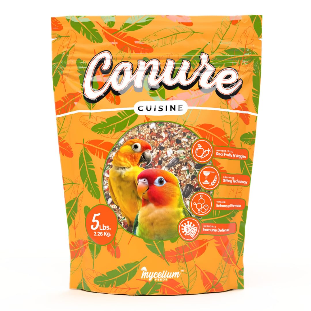 Mycelium Organic Conure Cuisine (5 LB Bag) | Fruit & Veggie Bird Seed w/Added Vitamins | Balanced Daily Nutrition for Immunity & Feather Health | Non-GMO, No Fillers or Additives, Made in USA