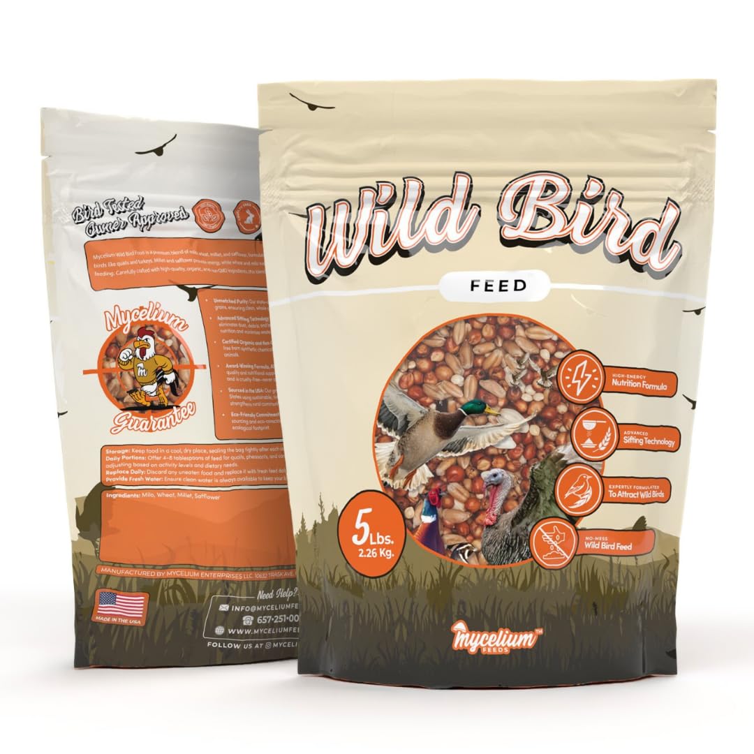 Mycelium Organic Wild Bird Feed (5 LB Bag) | Balanced Wild Bird Seed Mix for Turkeys, Pheasants, Quails & Cardinals | High-Energy Nutrition | Sifted, Non-GMO, Made in USA