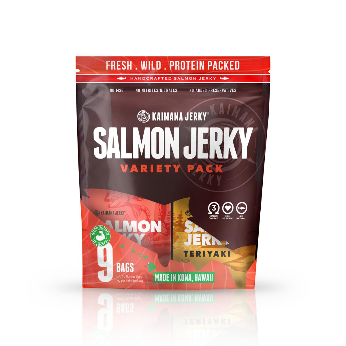 Kaimana Jerky Wild Caught Salmon Jerky - Organic Dried Fish Strips, Rich in Omega-3 & Protein, Low-Calorie, Gluten-Free, Low Sodium & Sugar - Original, Teriyaki & Spicy Flavors - 9 Pack (0.5oz)