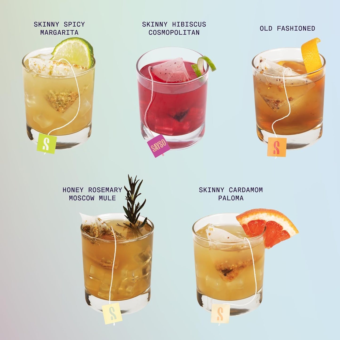 SAYSO Spicy Margarita, Cardamom Paloma, and Hibiscus Cosmopolitan (Skinny) & Honey Rosemary Moscow Mule Cocktail Mix Variety Pack | (Low-Calorie & Low Sugar Cocktail Tea Bags), 8-Pack Assorted