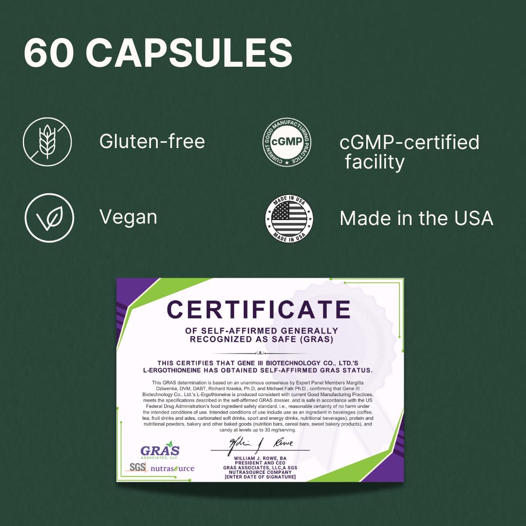 GENEIII L-Ergothioneine Supplement, 30mg(EGT)/Serving, 6X Ergothioneine Mushroom Extract Supplements Longevity, Immune Support, Heart Health & Brain Supplement, Lab Tested, Made in USA, 60 Servings
