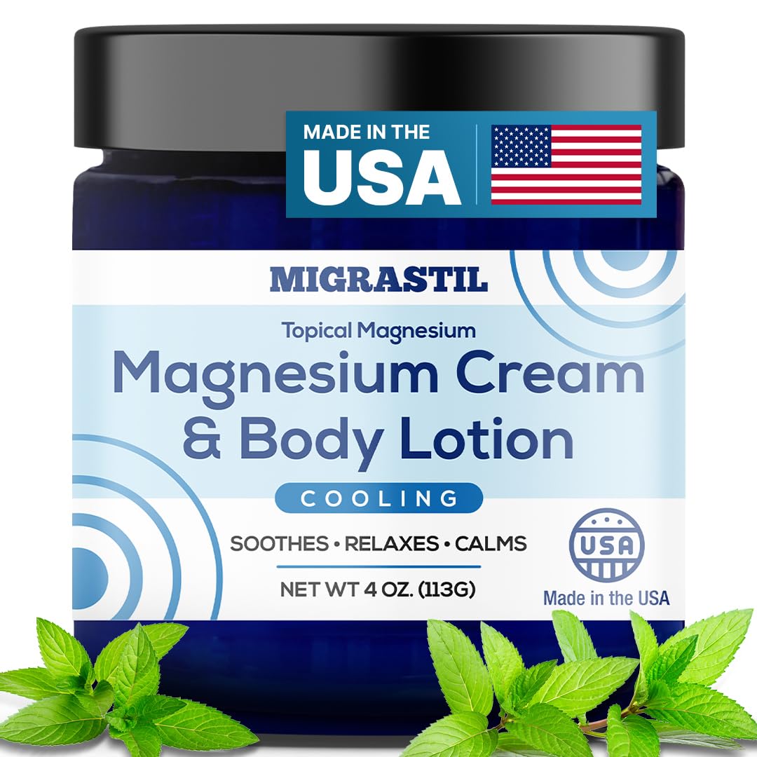 Cooling Magnesium Cream & Body Lotion - Promotes Sleep and Soothing Relief for Sore Muscles, Leg Discomfort, Etc. 4oz. Made in The USA.