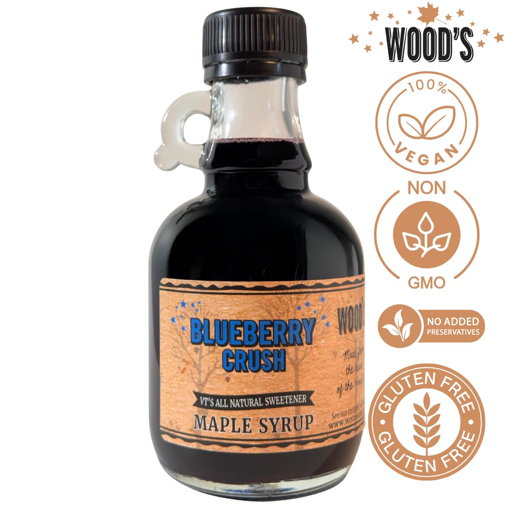 WOOD'S Blueberry Crush Maple Syrup – Small-Batch Vermont Maple Syrup Infused with Real Blueberry Flavor | All-Natural, Vegan Sweetener for Pancakes, Desserts, Cocktails & Baking | 8.45 Fl Oz (250mL)