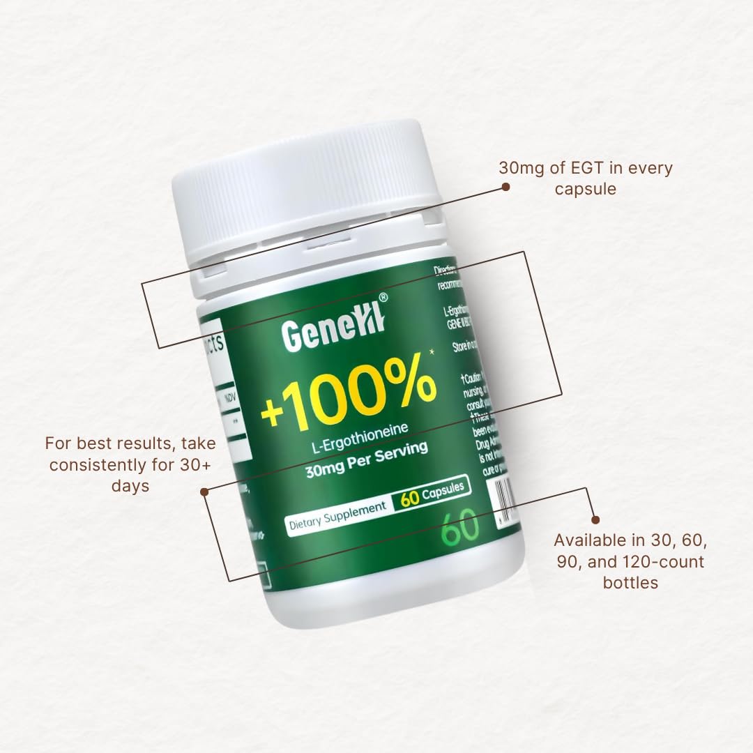 GENEIII L-Ergothioneine Supplement, 30mg(EGT)/Serving, 6X Ergothioneine Mushroom Extract Supplements Longevity, Immune Support, Heart Health & Brain Supplement, Lab Tested, Made in USA, 60 Servings