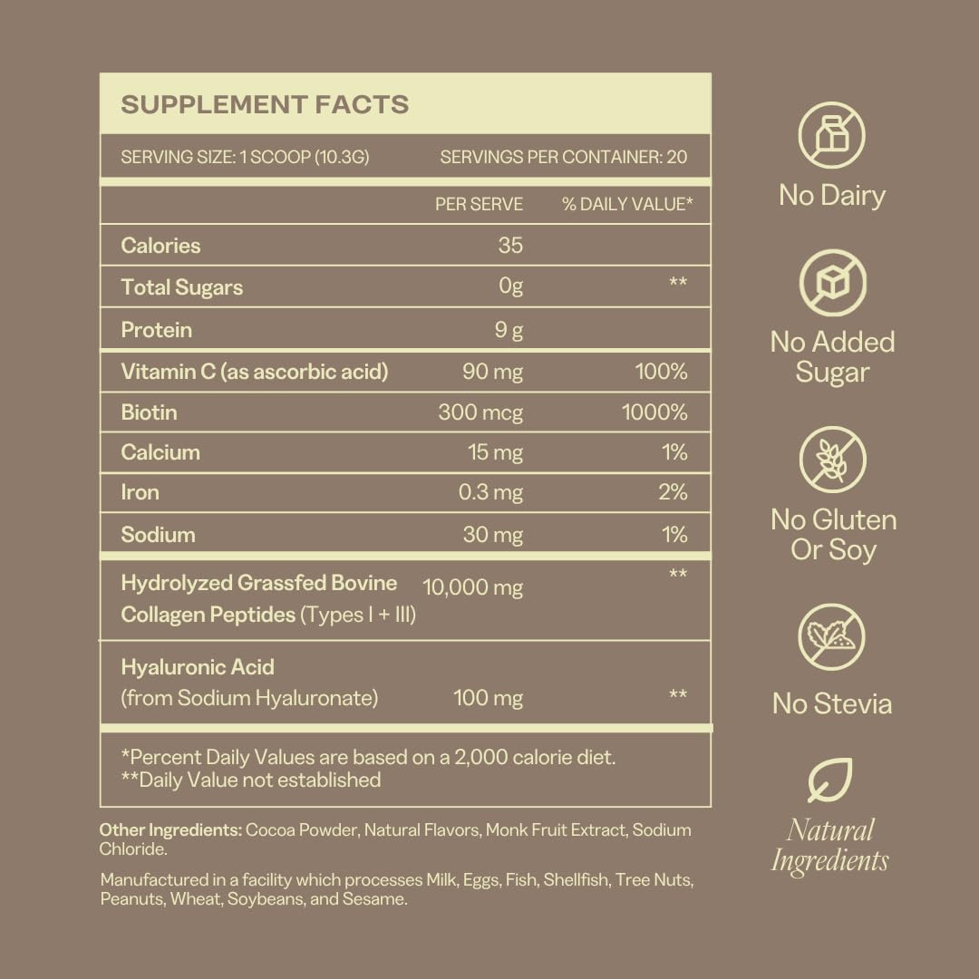 Collagen Powder for Women, Beauty Blend with Vitamin C, Biotin & Hyaluronic Acid, Supports Hair, Skin & Nails, 20 Servings, Grass-Fed Bovine, Chocolate
