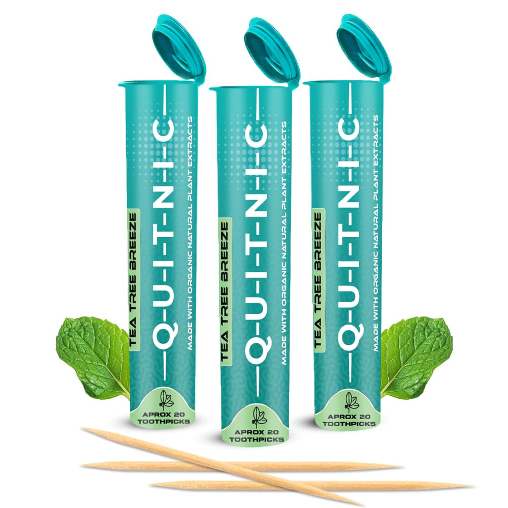 Purepix Quit-NIC Premium Infused to The Core Flavored Toothpick Extra Thick & Long Lasting Fresh Breath Dry Mouth Prevention ToothPicks Kosher Tea Tree Breeze (3 Pack - Packaging May Vary)