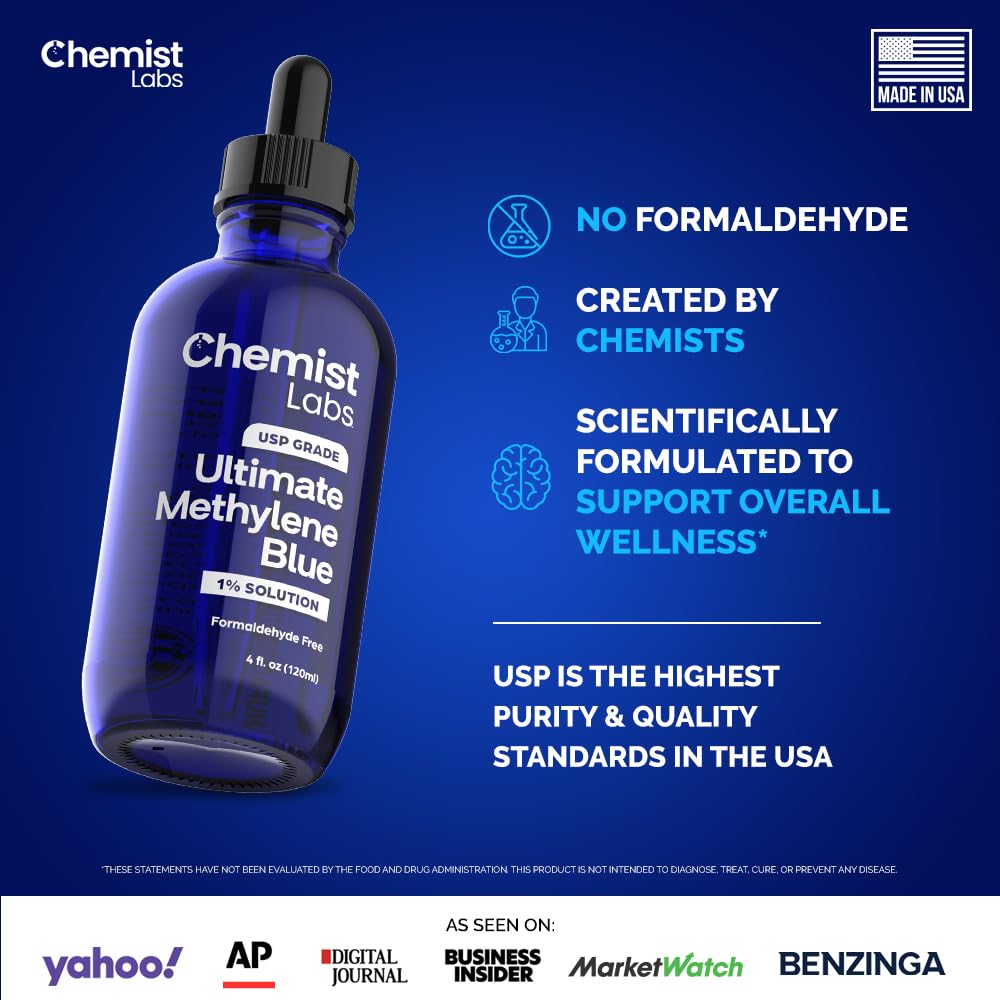 Chemist Labs Methylene Blue – 1% Solution | 99.99% USP-Grade Liquid Drops – Antioxidant for Mitochondrial & Cellular Support – 4oz (120ml) – Formaldehyde-Free – Made in USA
