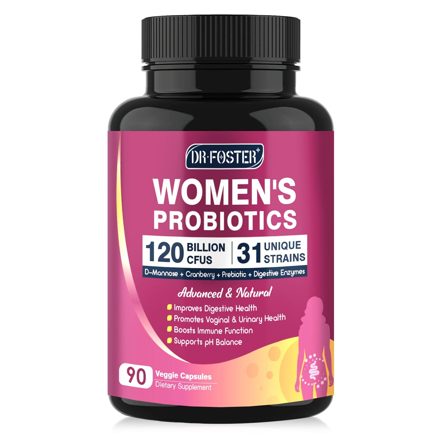 Probiotics for Women Digestive Health, Vaginal probiotics 120 Billion CFU 31 Strains with Digestive Enzymes & Prebiotics & D Mannose & Cranberry for Urinary Tract, 90 Capsules