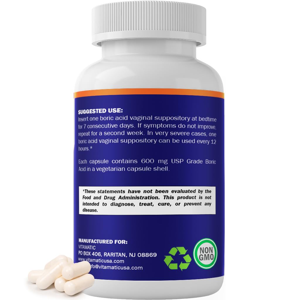 Vitamatic Boric Acid Vaginal Capsule Shell Suppositories 600 mg USP Grade Boric Acid in Vegetarian Capsule Shell - 60 Count