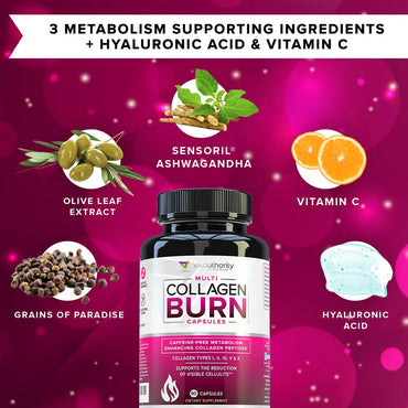 Multi Collagen Burn: Multi-Type Hydrolyzed Protein Peptides with Hyaluronic Acid, Vitamin C, SOD B Dimpless, Types I, II, III, V and X, Caffeine-Free (Unflavored Capsules)
