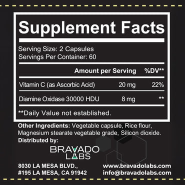 Bravado Labs DAO Supplements Histamine Blocker – Extra Potent 30,000 HDU DAO Enzyme Formula for Histamine Digest & Immune Support – for Food-Related Histamine Intolerance - Daily Use - 120 caps.