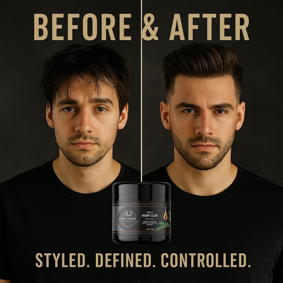 Ryan James Hair Styling Clay for Men – Premium Hair Clay with Natural Finish, Non-Greasy, Fresh Scent – Hair Strengthening & Moldable Styling Clay for Textured, Healthy-Looking Hair Made in USA