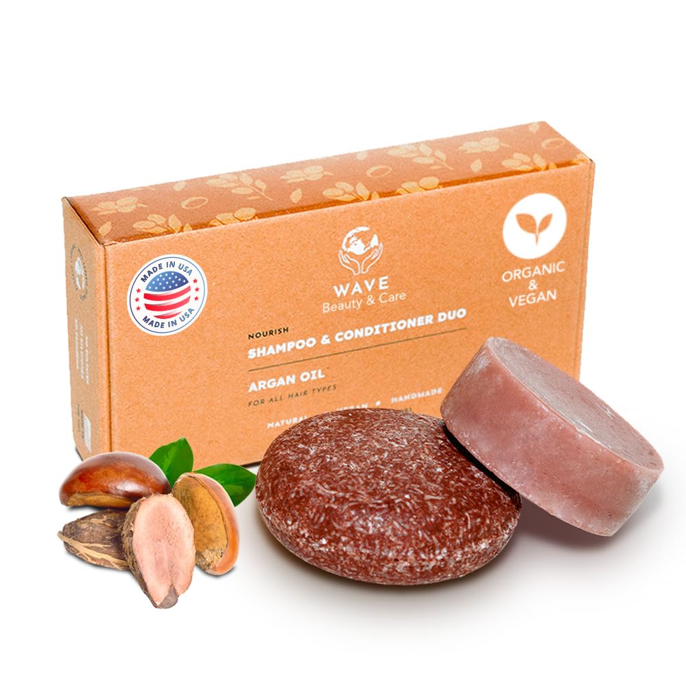 Wave Argan Oil Shampoo bar & Conditioner Bar Set - Vegan & Sulfate-Free - Handmade Moisturizing Solid Bars for All Hair Types - Convenient for Travel, Long-Lasting, (80-120 Uses) - Argan Oil