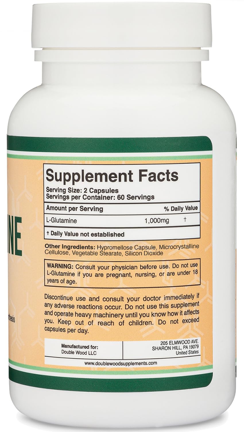L Glutamine Capsules - No Fillers (1000mg Servings, 120 Capsules) Non-GMO, Gluten Free, Keto Safe, Vegan Friendly, Third Party Tested (for Endurance and Gut Health) by Double Wood
