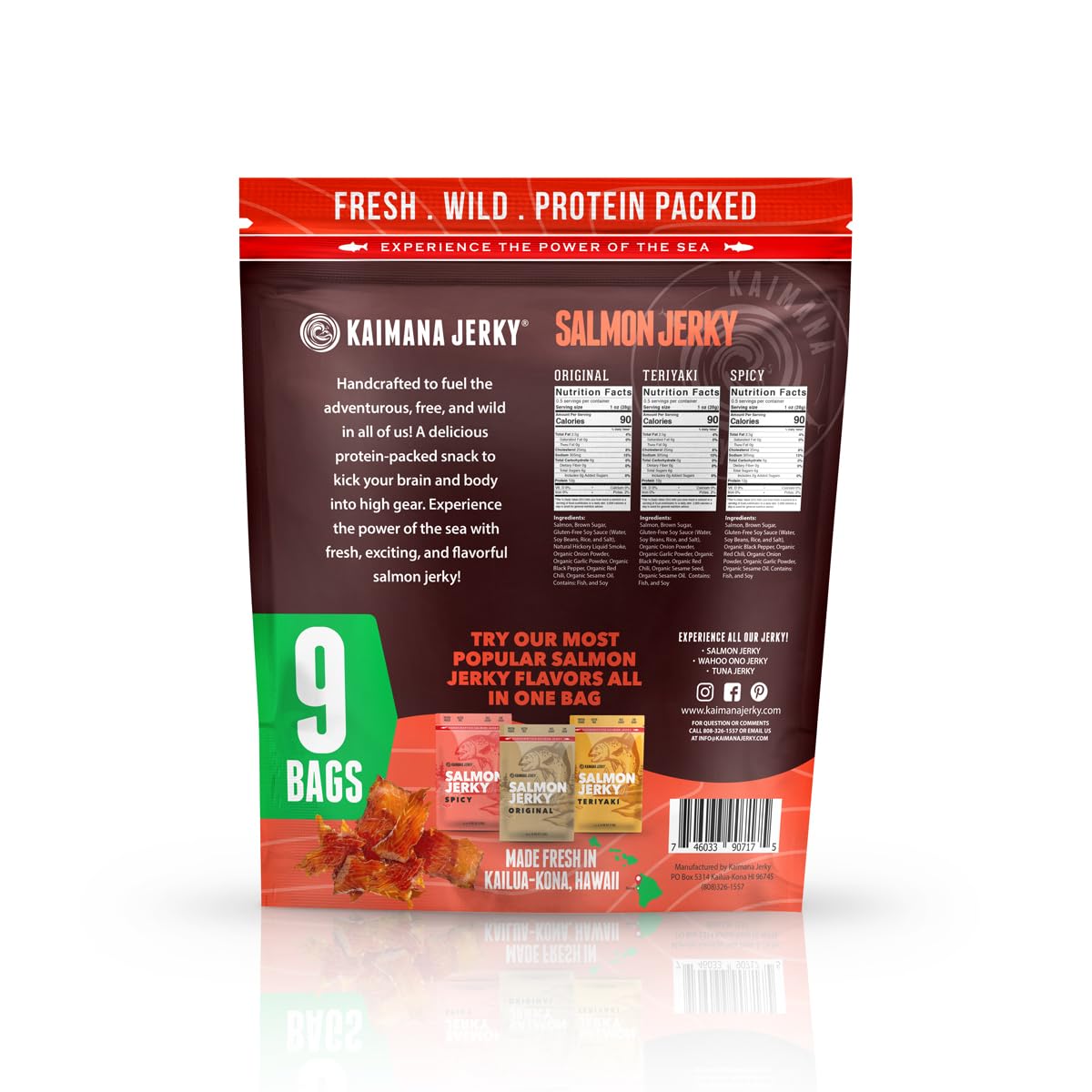 Kaimana Jerky Wild Caught Salmon Jerky - Organic Dried Fish Strips, Rich in Omega-3 & Protein, Low-Calorie, Gluten-Free, Low Sodium & Sugar - Original, Teriyaki & Spicy Flavors - 9 Pack (0.5oz)