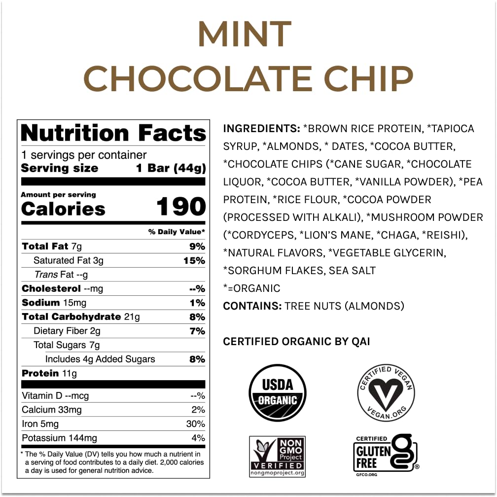 Organic Functional Mushroom Vegan Protein Bars | Made in USA | Full Dose (1500mg) Lions Mane, Chaga, Reishi & Cordyceps Bars | Plant Protein Bars w/ Adaptogens & Superfoods