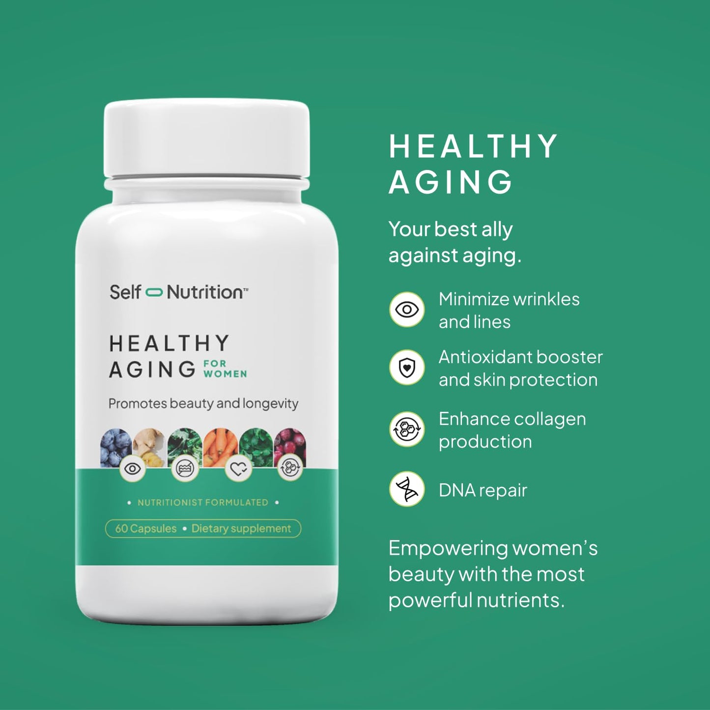 SELF NUTRITION Healthy Aging Supplement for Women - Resveratrol, NAD, Collagen Booster, Biotin, Hyaluronic Acid & More. Cellular Health, Beauty, Longevity - USA, Vegan, 60 Capsules.