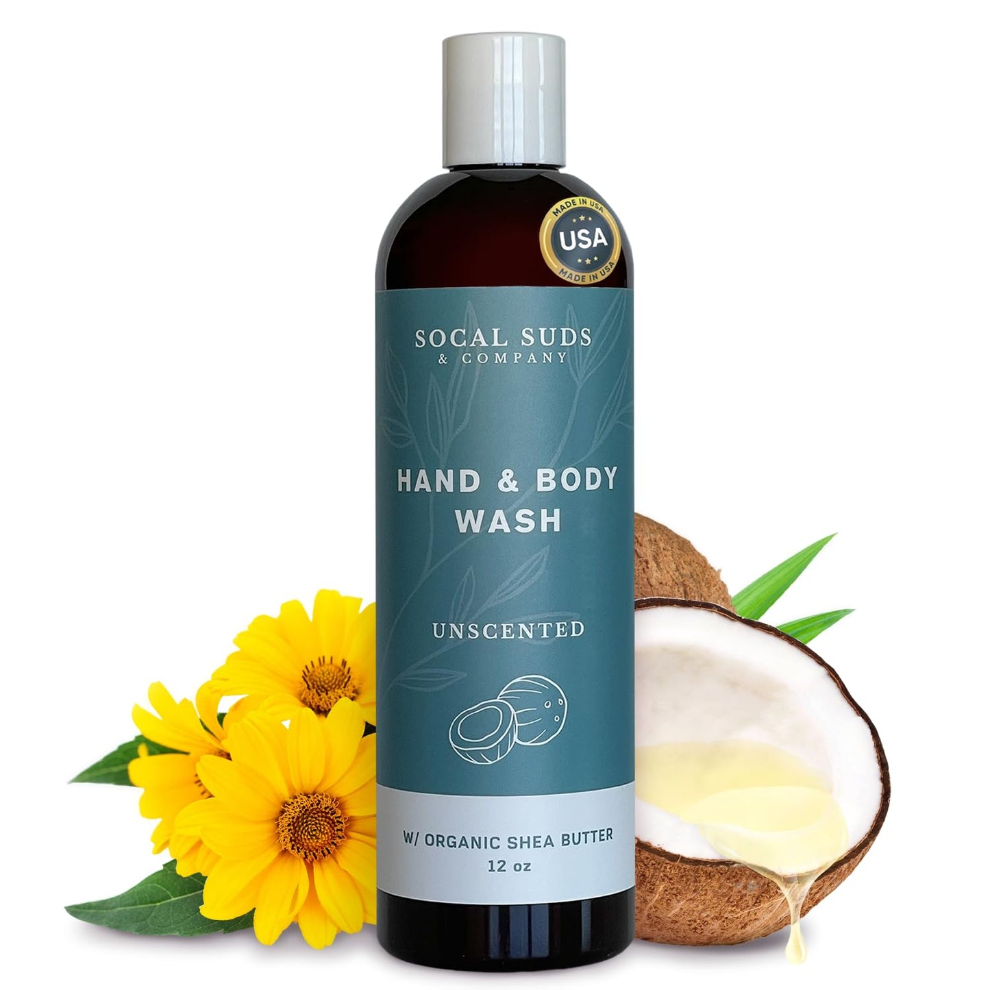 SoCal Suds & Company Organic Shea Butter Body Wash – Fragrance Free Liquid Soap for Hand & Body, Moisturizing Shower Gel, Body Wash for Women, Men & Unisex, Gentle Skin Care & Protection - (12oz)