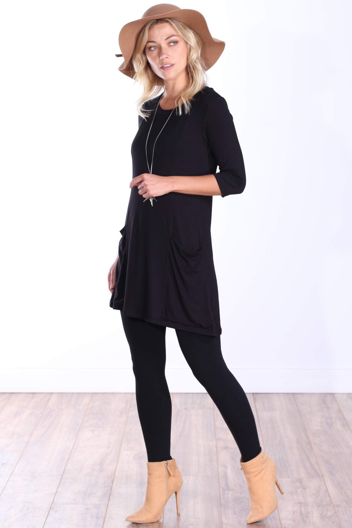 Popana Womens 3/4 Sleeve Tunic Top with Pockets for Leggings Made in USA Black