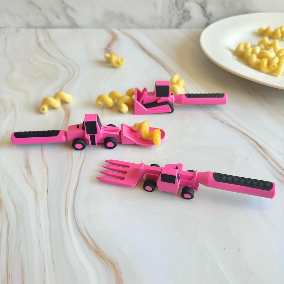Constructive Eating Plate and Utensils Set - USA-Made Toddler Dinnerware with Divided Plates (Pink Construction)