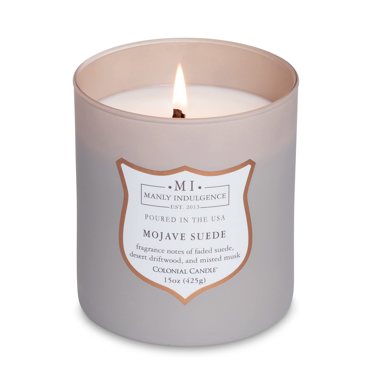 Manly Indulgence Mojave Suede Scented Jar Candle, Signature Collection, Wood Wick, Grey, 15 oz - Up to 60 Hours Burn