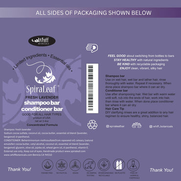 SPIRALEAF Solid Shampoo Bar & Conditioner Bar Set, FRESH LAVENDER Essential Oil Blend, Limited Ingredients, Concentrated Formula, Fragrance-Free, Dye-Free, Premium Hair Care and Shave Bars