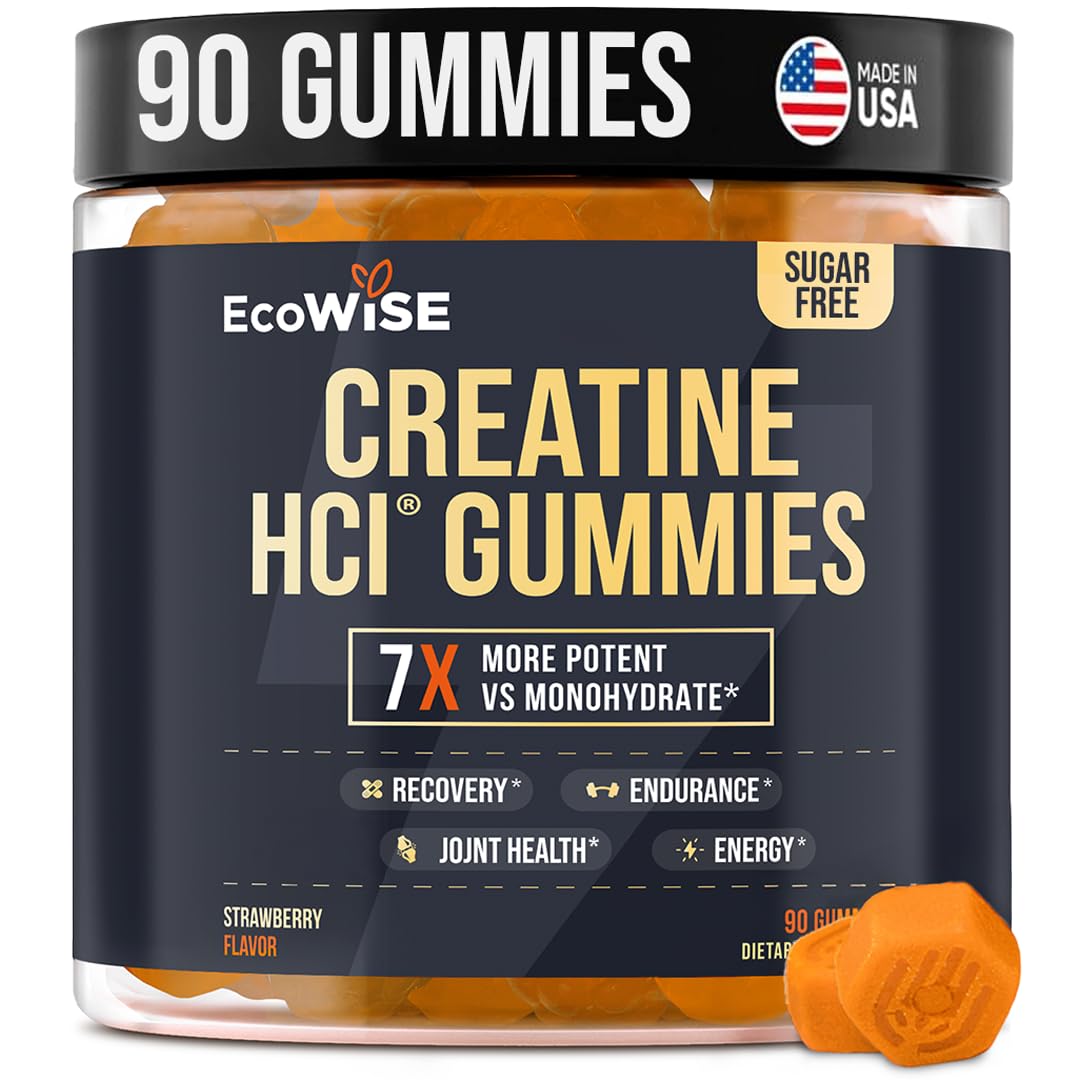 EcoWise Wellness Creatine HCL Gummies 750mg, Chewable Gummies for Men & Women, Sugar-Free, Vegan, HCL Creatine for Active Lifestyle, Strawberry Flavor, 90 Count