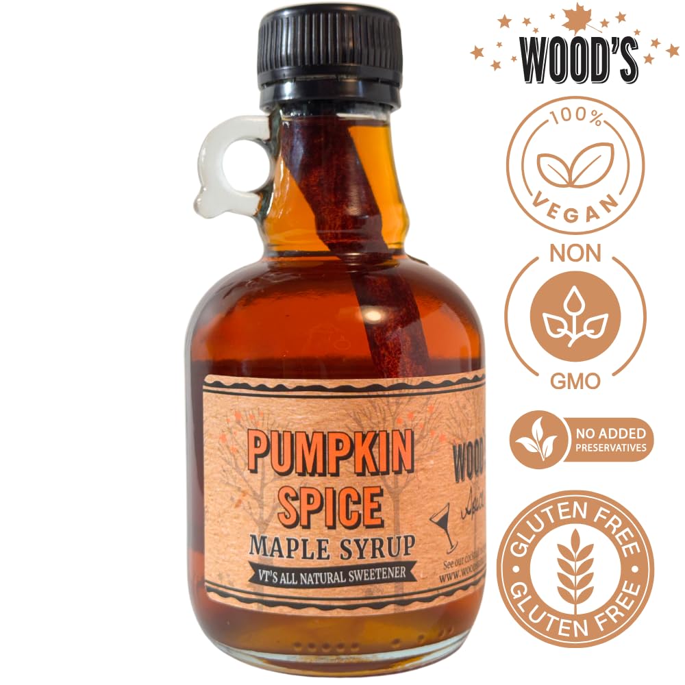 WOOD'S Pumpkin Spice Maple Syrup – Small-Batch Vermont Maple Syrup Infused with Cozy Fall Spices | Natural, Vegan Sweetener for Coffee, Pancakes, Baking & More | 8.45 Fl Oz (250mL)