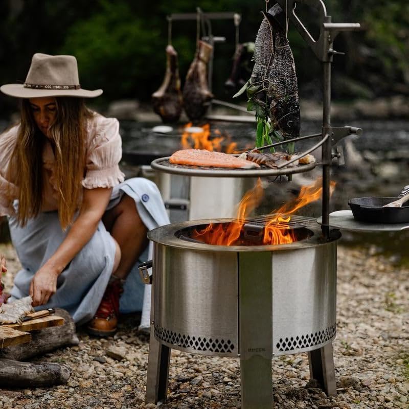 Breeo Smokeless FIrePit to-Go Bundle (Y Series Stainless Steel, Outpost Grill & to Go Case) | 21 inch Smokeless Fire Pit for Outside | Ideal for Families