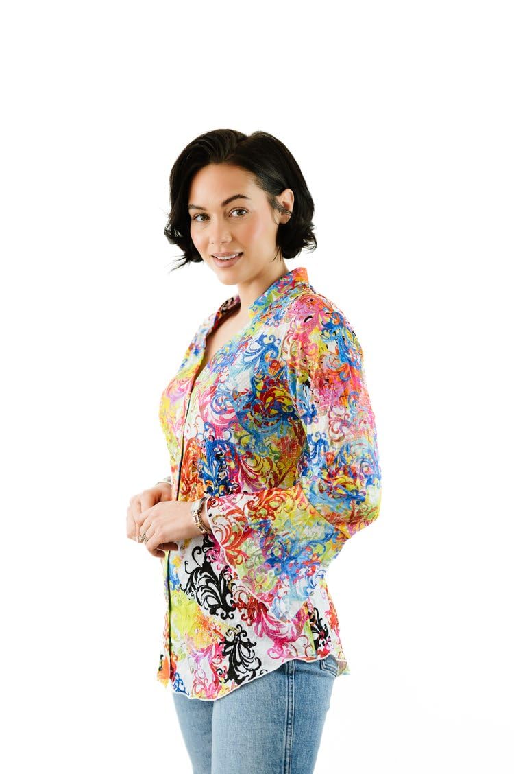 SNO SKINS Spring/Summer Collection Designer Print Crinkle Sweetheart Top with Stand Collar (Antiquity)