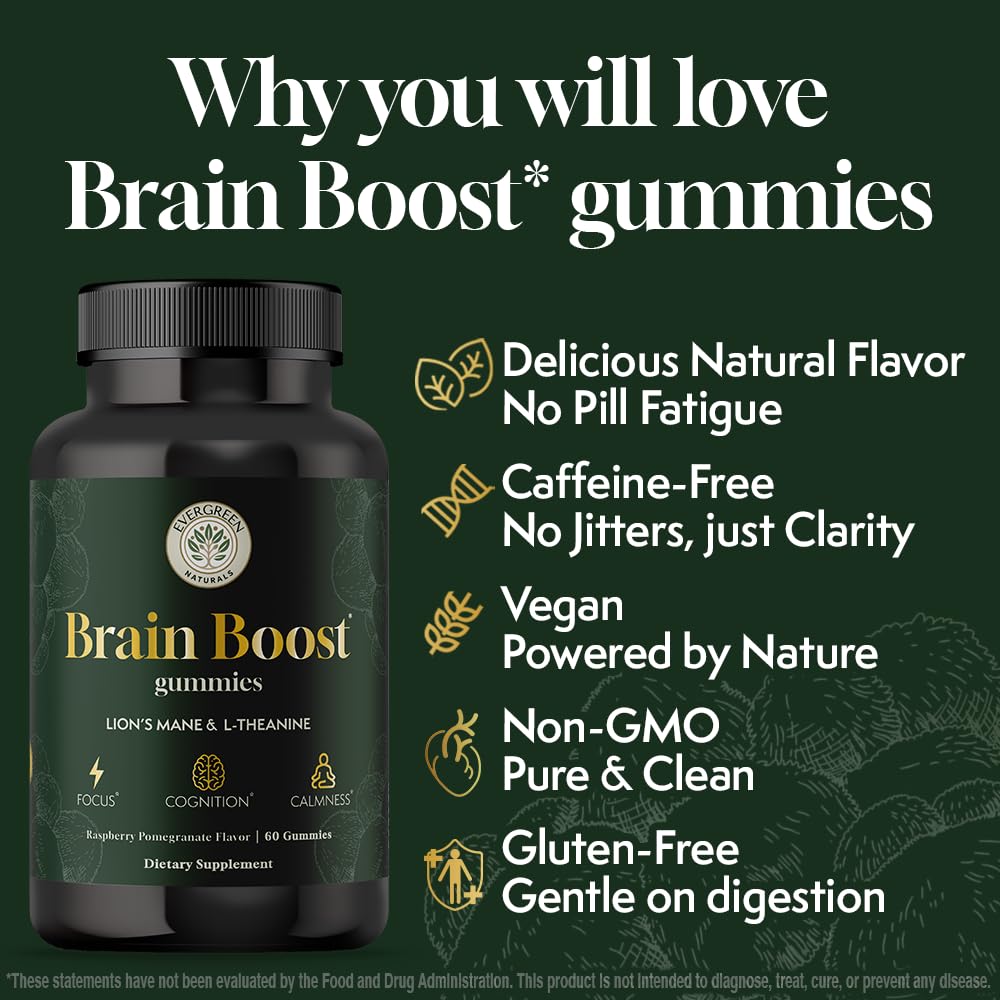 Lion’s Mane Mushroom Gummies 10:1 Extract & L-Theanine 200mg Nootropic Brain Gummies – 30 Day Supply – Memory & Focus Support – Calm Energy – Vegan, Caffeine Free