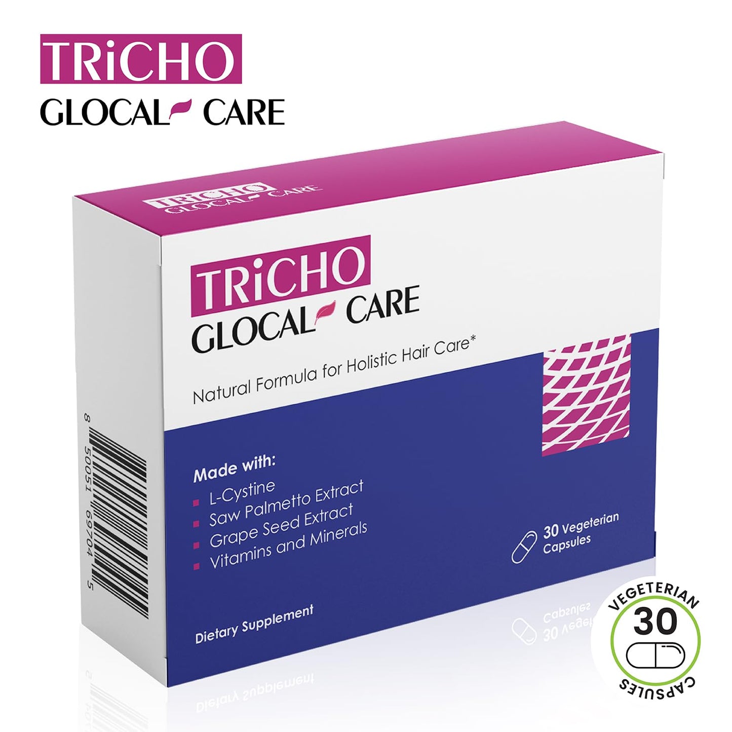 GlocalCare Tricho - Hair Growth Supplement, DHT Blocker with Saw Palmetto, 5000mcg Biotin & L-Cysteine - Revitalizes Thinning Hair, Stimulates Follicles & Promotes Regrowth in Men & Women - 30 ct