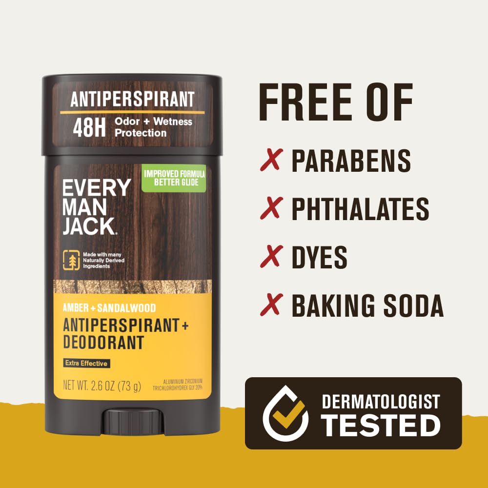 Every Man Jack Men’s Amber + Sandalwood Antiperspirant Deodorant – New & Improved Formula – Smooth Glide, 48-Hour Odor & Sweat Defense– 2.6 oz (2 Pack)