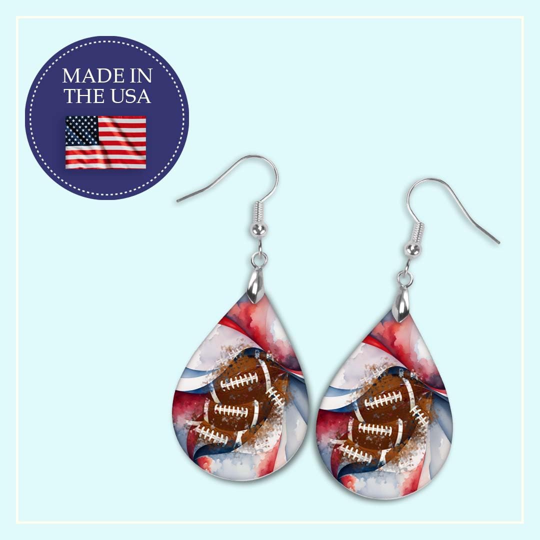 Football Dangle Earrings Teardrop Sports School Team Spirit Fan Jewelry for Women Handmade by The Painted Pug (Football Navy Red White)