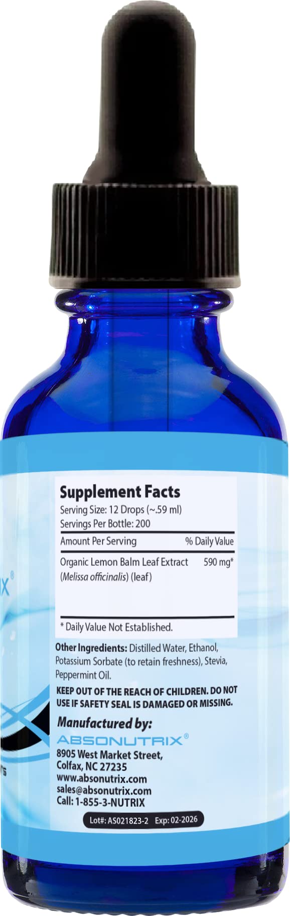 Absonutrix Organic Lemon Balm, 590 mg 200 Servings, Easy Absorption, Third Party Tested, Highly Potent, Made in The USA, Non-GMO, Gluten-Free