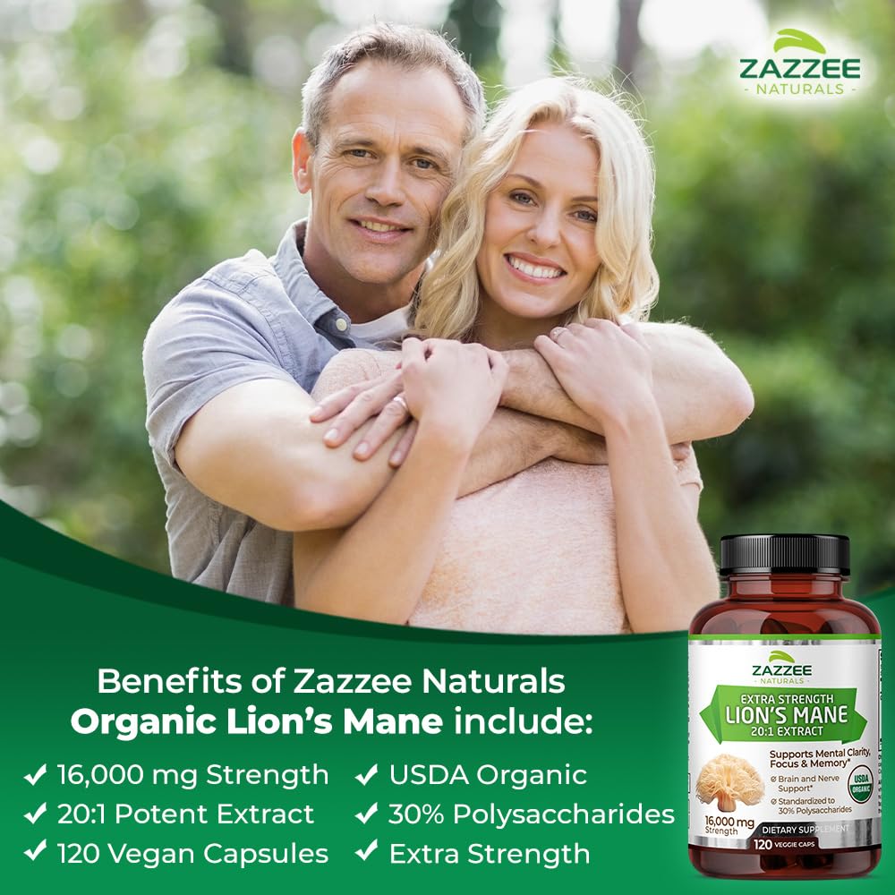 Zazzee USDA Organic Lion's Mane 20:1 Extract, 30% Polysaccharides, 16,000 mg Strength, 120 Vegan Capsules, Nootropic for Brain Health, Focus, Memory, Concentration and Immune Support, Made in The USA