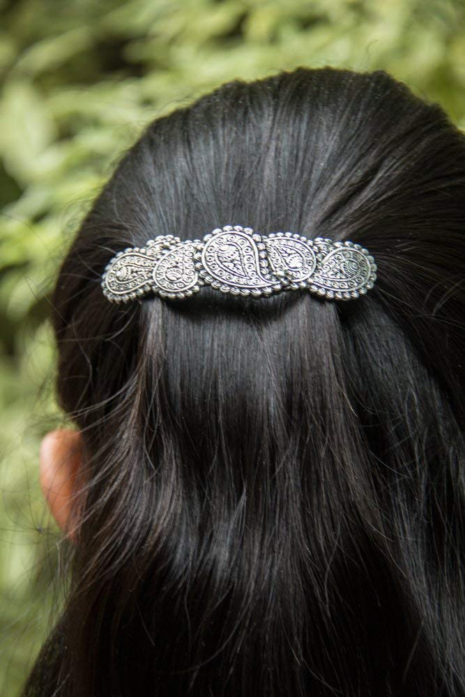 Paisley Hair Clip, Hand Cast Metal Barrette Made in the USA with a Medium 70mm Clip by Oberon Design, 1 Piece