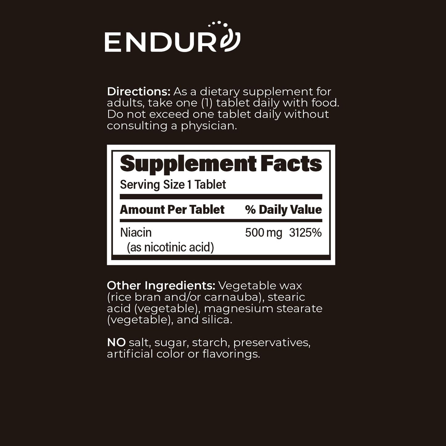 Endurance Products ENDUR-ACIN, Extended Release Niacin for Optimal Absorption & Low-Flush Vitamin B3 Niacin 500mg, Premium Niacin Supplement Made in USA, 200 Tablets