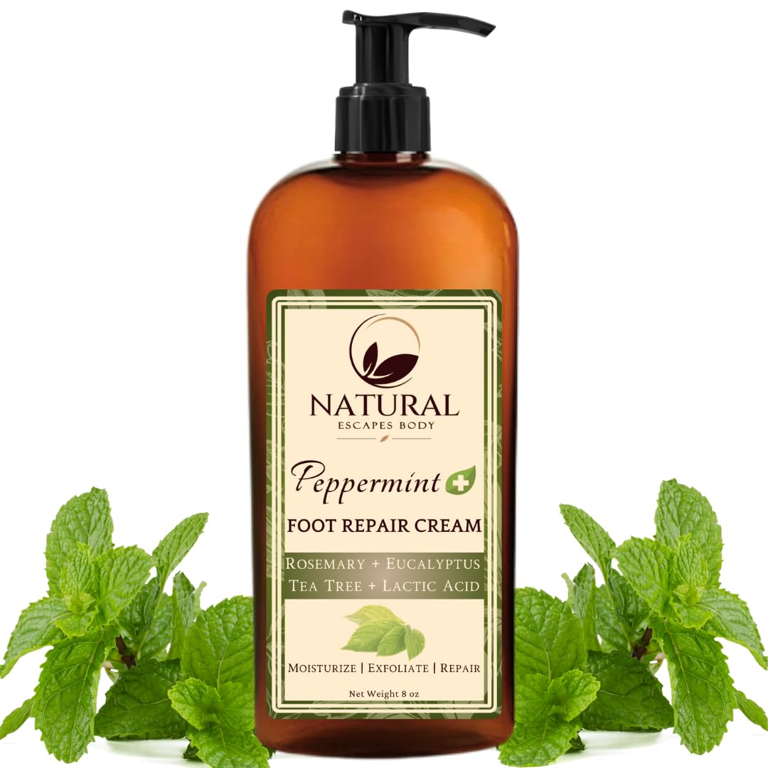 Natural Escapes Peppermint, Rosemary, Eucalyptus & Tea Tree Oil Foot Cream for Dry Feet, Cracked Heels, Calluses, Athlete's Foot - Heel Repair Cream for Women & Men (8 oz)