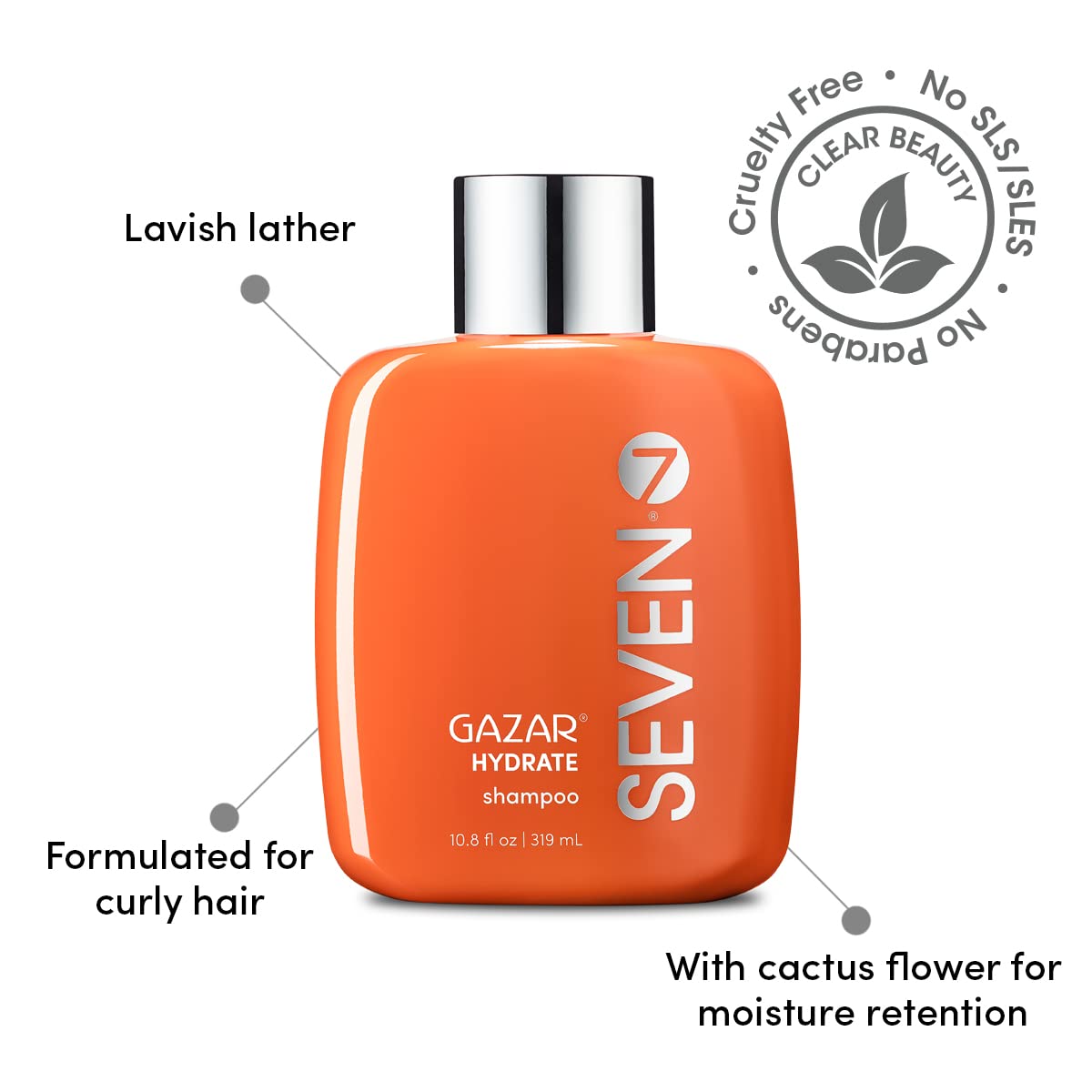 SEVEN Hair Care Gazar Hydrate Shampoo for Women & Men, Sulfate & Paraben Free, Cruelty Free with Pro Vitamin B5, Sugarcane + Moisturizing Cactus Flower for Dry Hair, Made in USA, 32oz